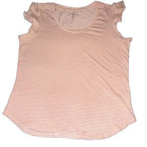 Toad&Co Women's XL White Orange Striped Scoop Neck Ruffle Sleeve T-Shirt